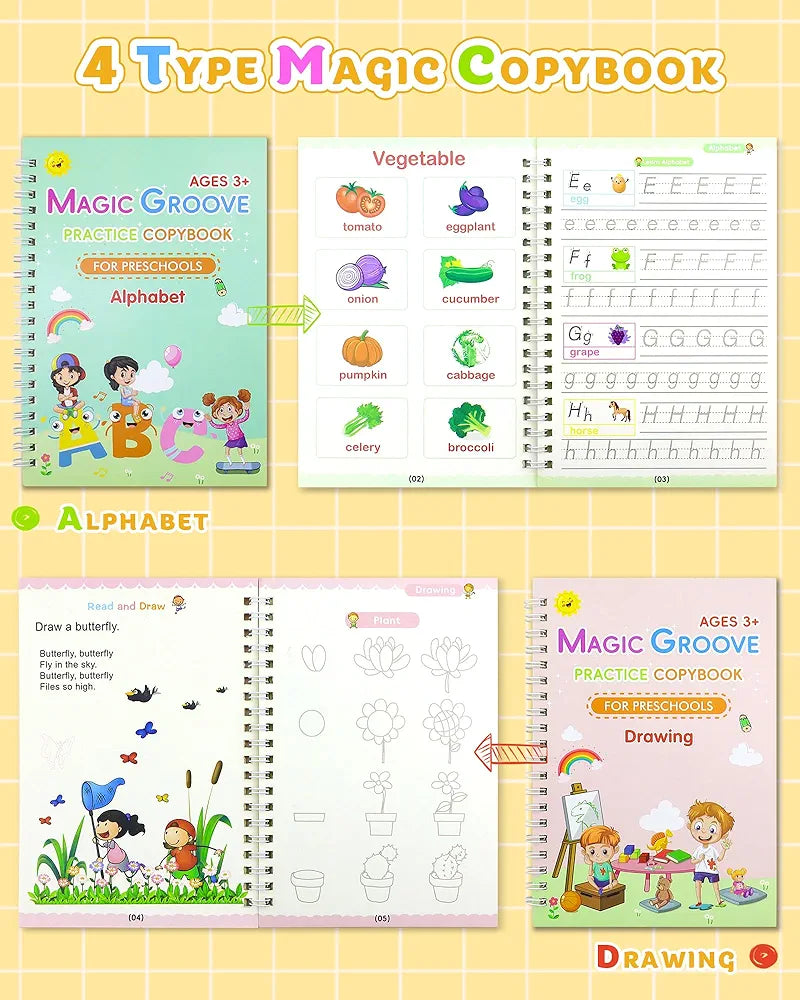 Reusable Magic Ink Copy Books for Kids (Pack of 5) – Auto Erase Handwriting Practice Books with 3 Magic Pens & 20 Refills | Writing, Drawing & Learning Set