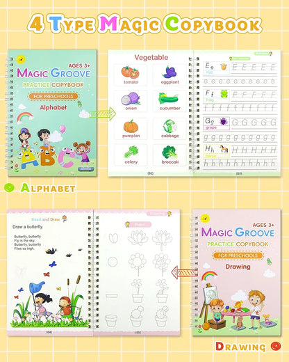Reusable Magic Ink Copy Books for Kids (Pack of 5) – Auto Erase Handwriting Practice Books with 3 Magic Pens & 20 Refills | Writing, Drawing & Learning Set