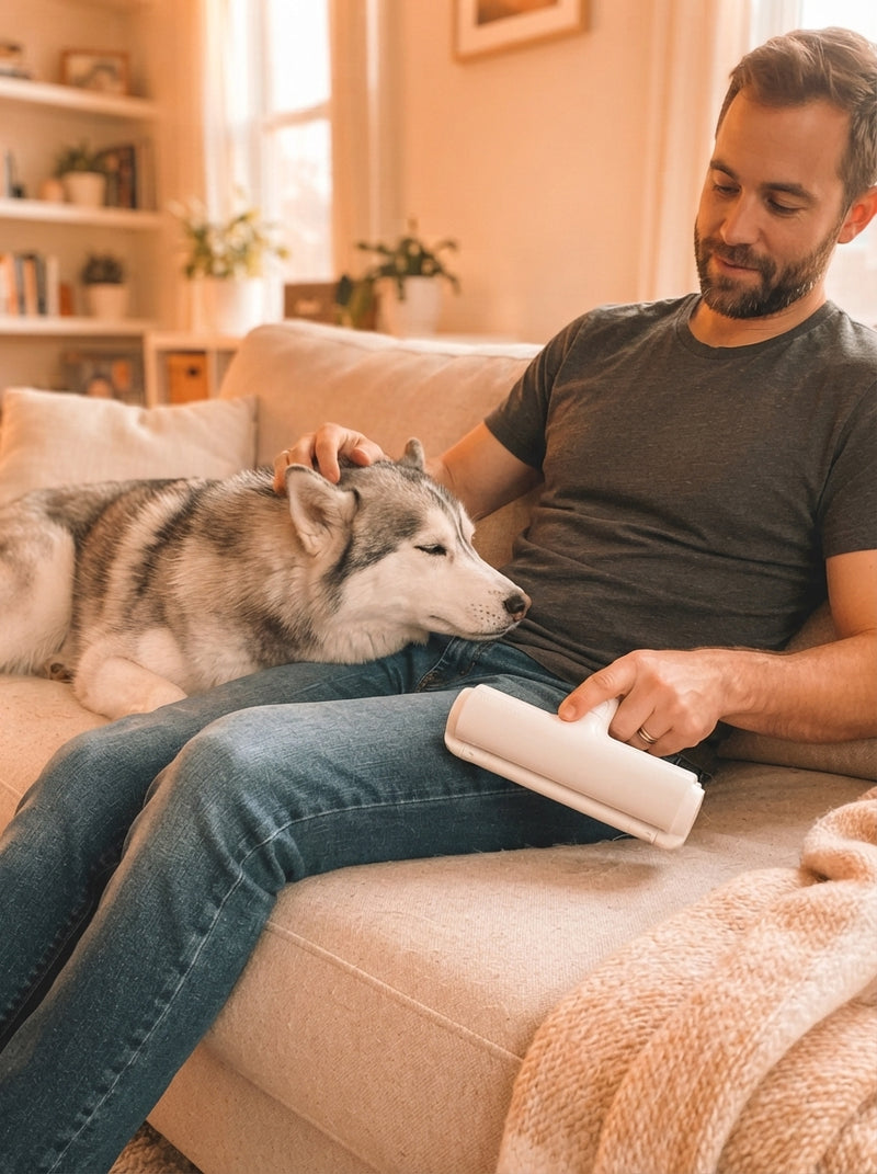 A man sitting on a sofa with his husky dog while holding a pet hair remover tool in a sunlit living room.