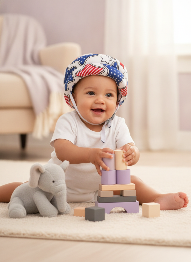 A baby wearing a safety helmet plays on a soft rug in a sunlit room, viewed from above, with out-of-focus background.