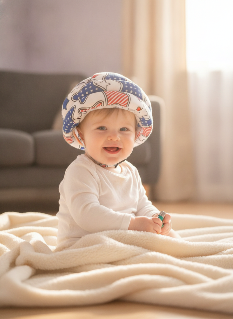 A happy baby wearing a vibrant, adjustable safety helmet, playing on a cream blanket in a sunlit living room.